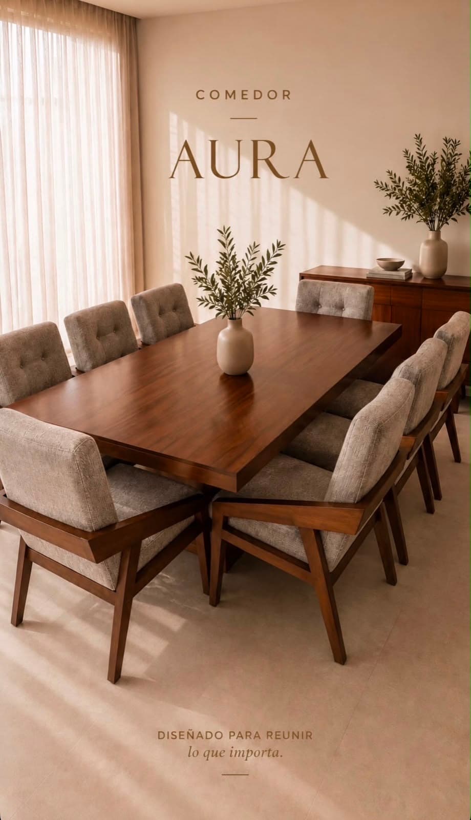 Comedor Aura amplio para ocho personas con sillas acolchadas