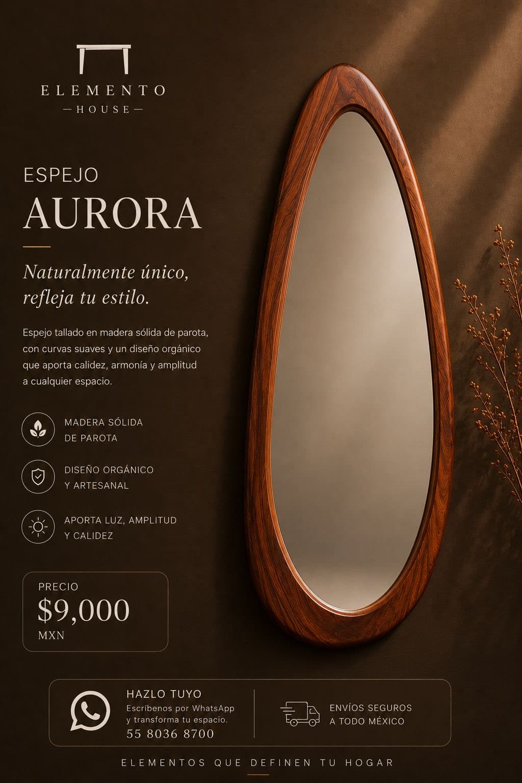 Espejo Aurora Orgánico con marco liso de curvas suaves