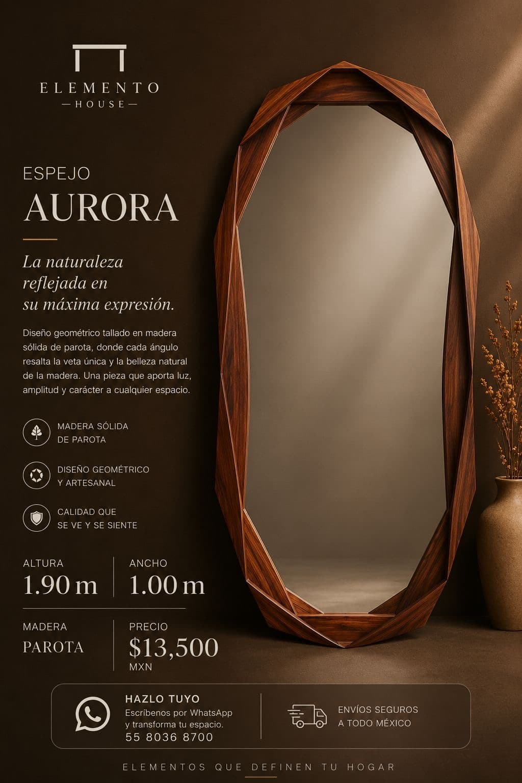 Espejo Aurora con marco geométrico de parota