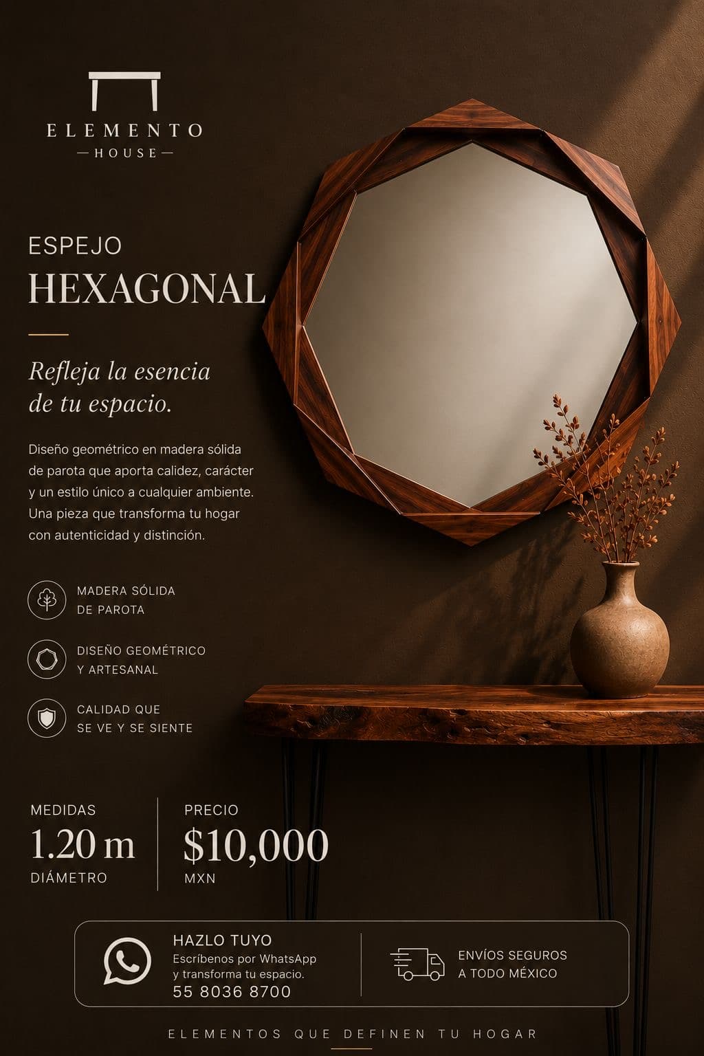 Espejo Hexagonal de madera sólida de parota, 1.20 m de diámetro