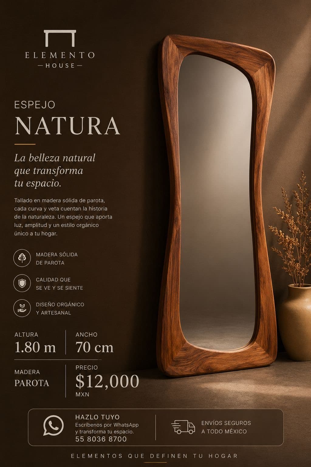 Espejo Natura de cuerpo completo con marco orgánico de parota