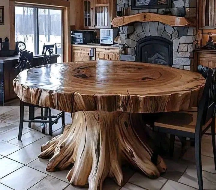 Mesa de parota tallada de tronco en una cocina