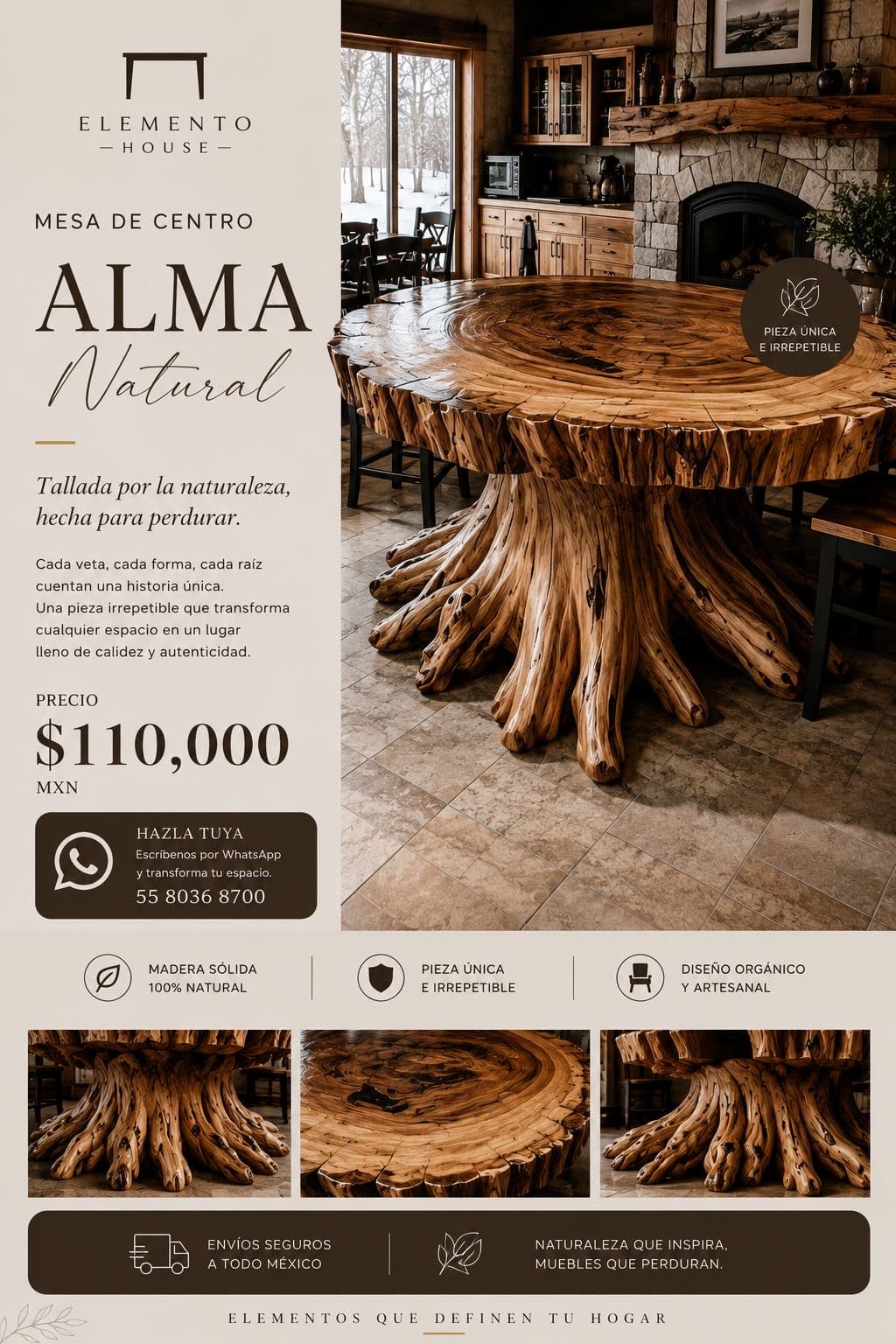 Mesa Alma Natural tallada de un tronco masivo con base de raíz