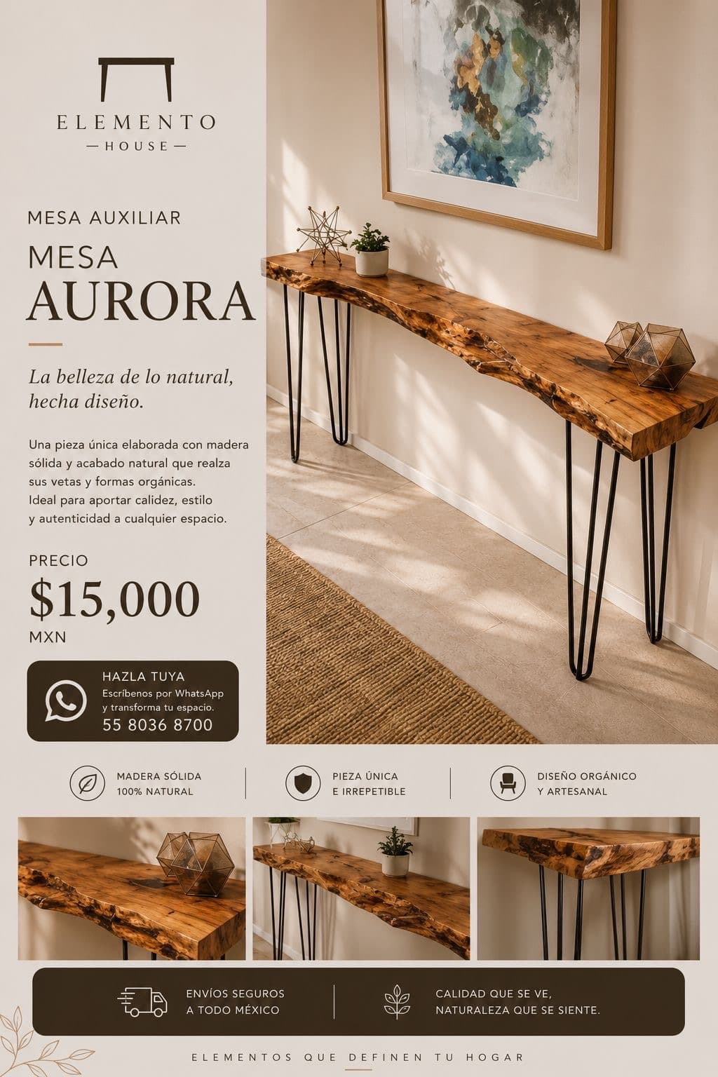 Mesa auxiliar Aurora tipo live-edge con patas hairpin negras