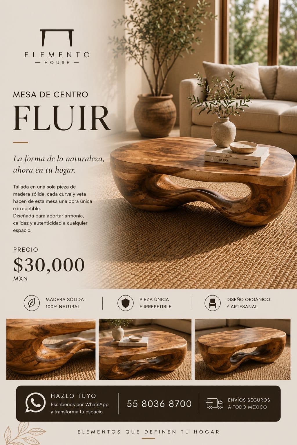 Mesa de centro Fluir de forma orgánica tallada en una sola pieza