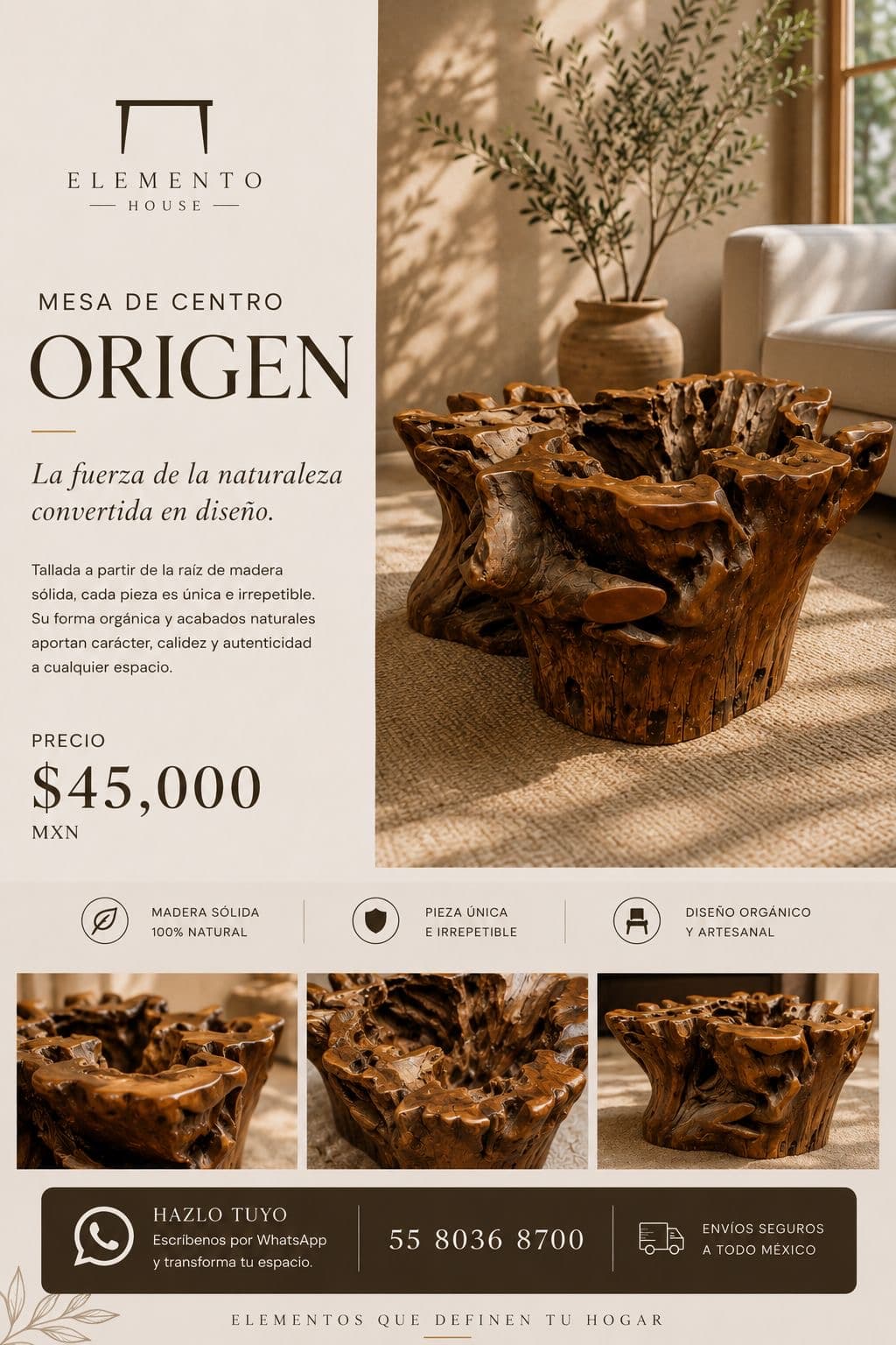 Mesa de centro Origen tallada a mano en el taller de Elemento House