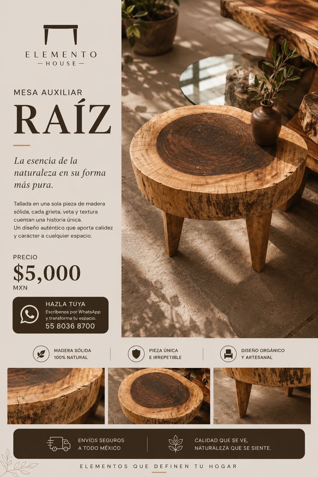 Mesa auxiliar Raíz tallada en una sola pieza con patas cónicas