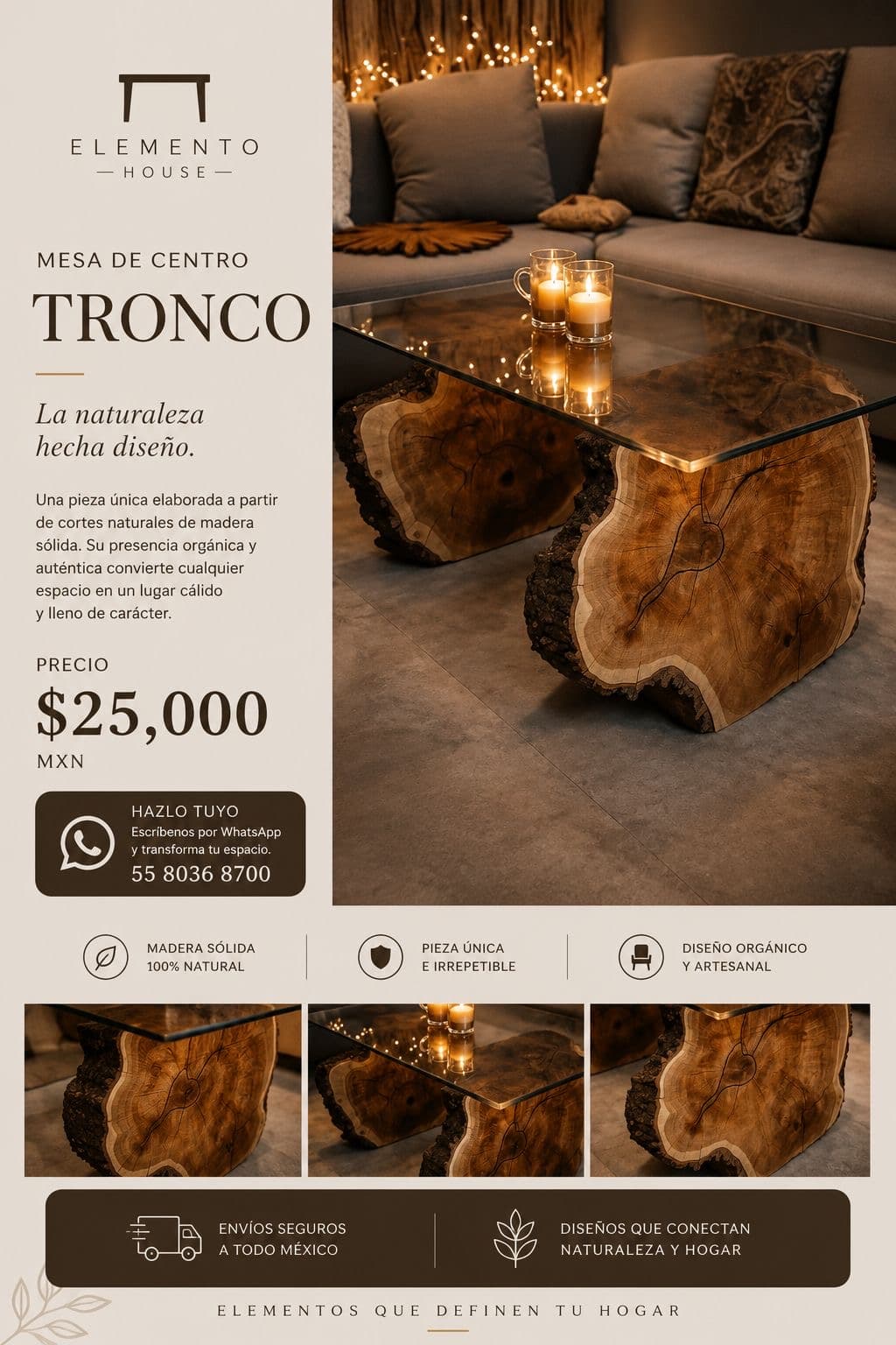 Mesa de centro Tronco con base de tronco natural y cubierta de vidrio