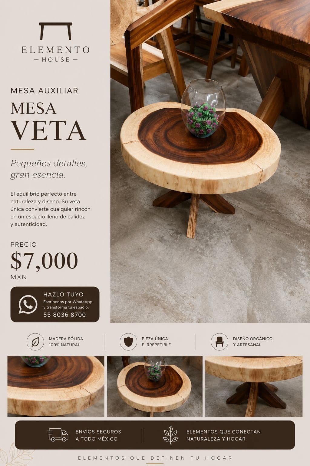 Mesa auxiliar Veta de corte transversal de tronco sobre patas cruzadas
