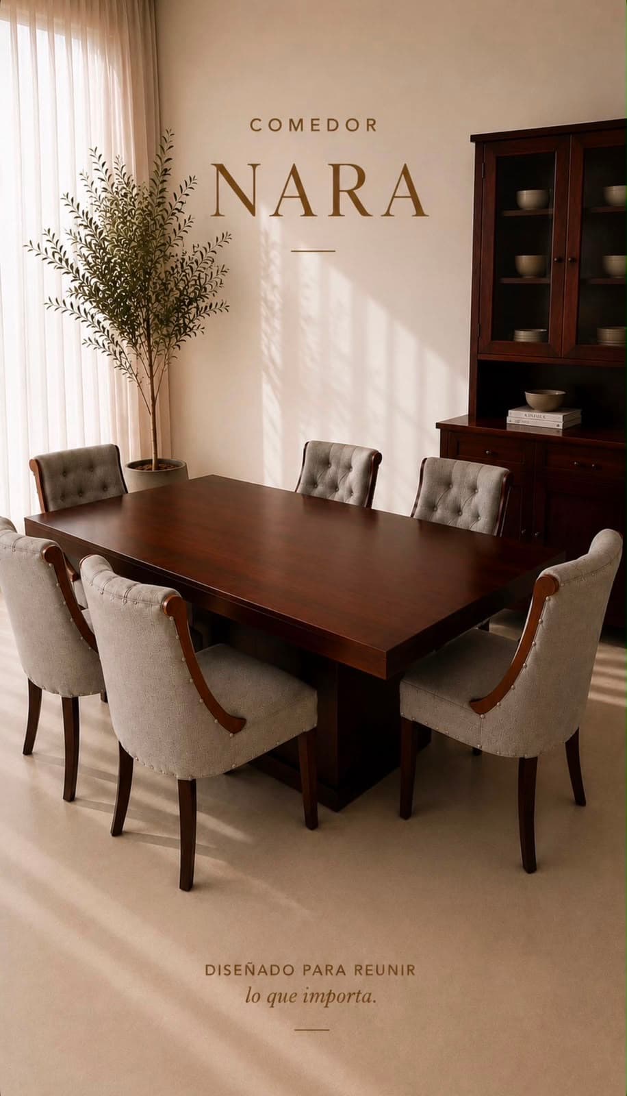 Comedor Nara rectangular con seis sillas capitonadas