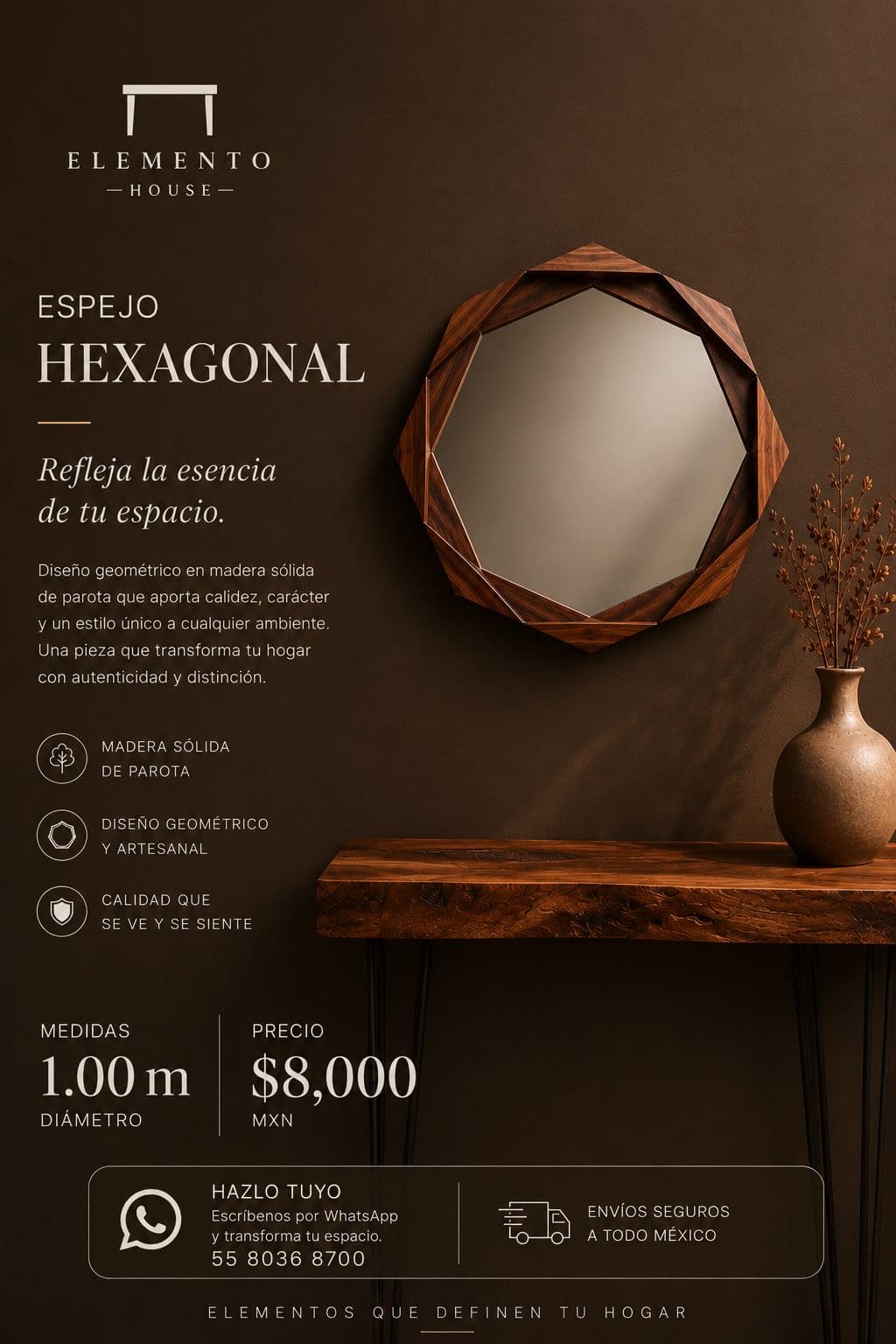 Espejo Hexagonal de madera sólida de parota, 1.00 m de diámetro